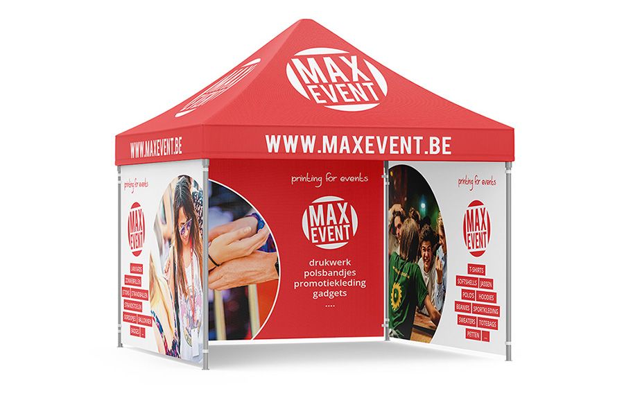 mockup van een easy-up tent met bedrukking van Maxevent volledig in huisstijl